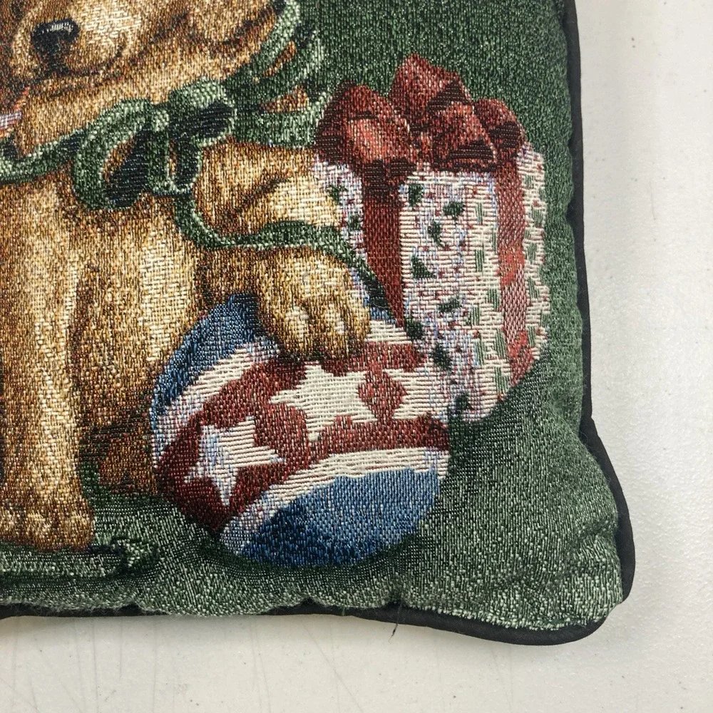 Vtg Puppy Lab Dog Christmas Tapestry Small‎ Decorative Throw Pillow Presents 11